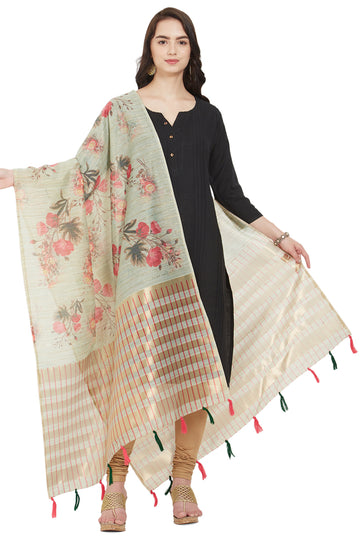 Beige and Red Color Floral Printed Cotton Silk Dupatta